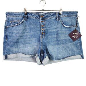 Womens Ava & Viv Blue Denim Jean Shorts Button Fly Mid Rise Midi 3" Inseam 24W